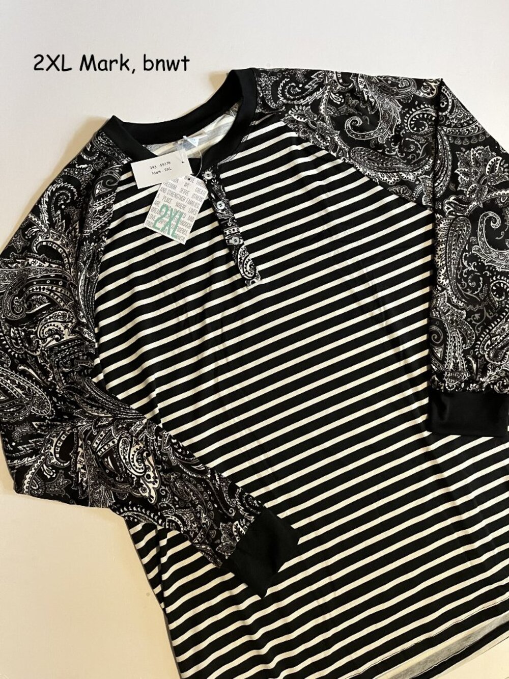2XL Lularoe Mark three-button Henley long-sleeve top, stripes paisleys